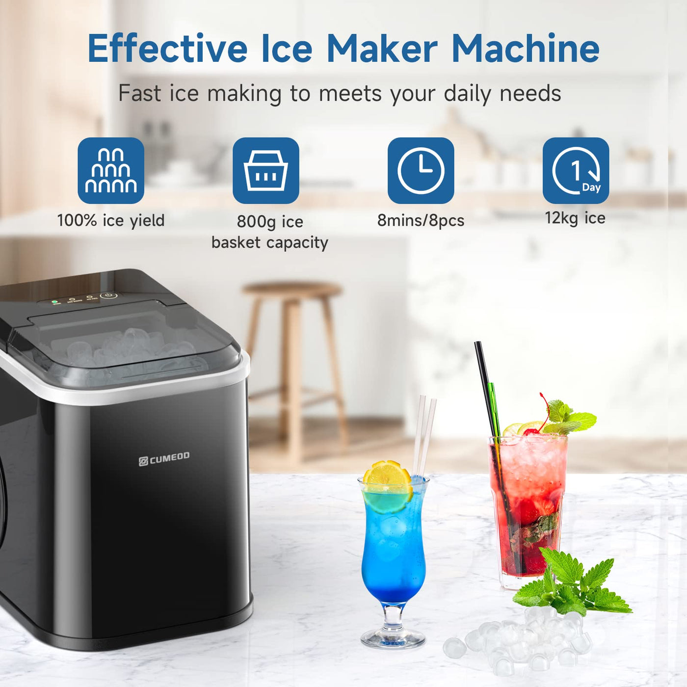 Eiswürfelmaschine, 120W Eiswürfelbereiter 8 Eiswürfel in 8-10 Minuten, 12kg/24h, LED Display Ice Maker Machine mit Infrarotsensor & Selbstreinigung