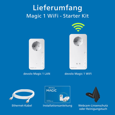 devolo Magic 1 WiFi Starter Kit, WLAN Powerline Adapter, bis zu 1.200 Mbit/s, Mesh WLAN Steckdose, 2x LAN Anschluss, dLAN 2.0, weiß