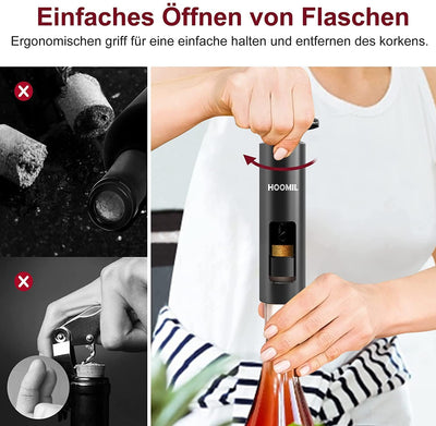 Weinflaschenöffner Set, HOOMIL 4-in-1 Weinöffner Set Profi Korkenzieher für Wein mit Folienschneider, Vakuum Weinverschluss und Weinausgießer, Schwarz