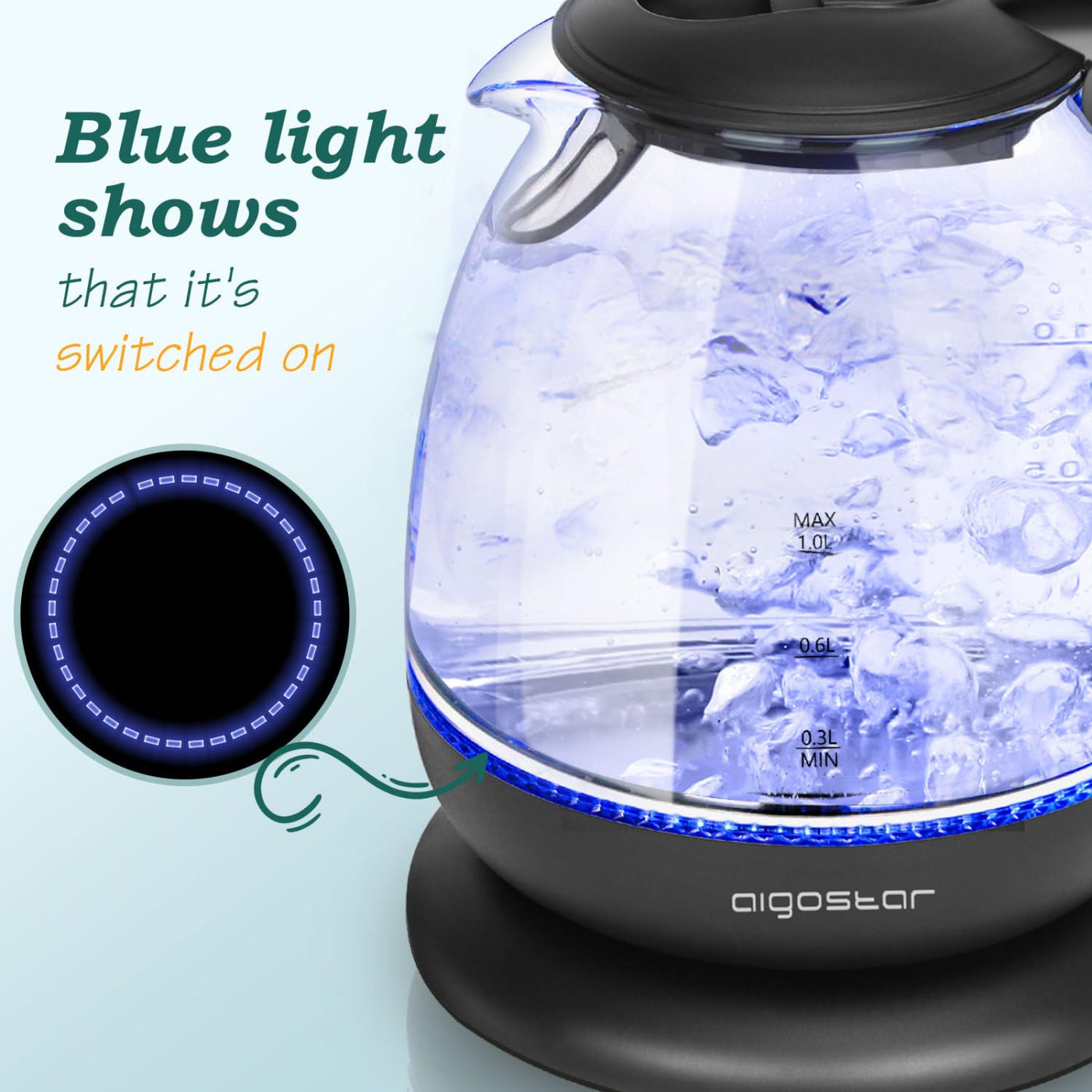 Aigostar Elfin Mini-Wasserkocher aus Borosilikatglas mit LED-Beleuchtung, 2200 W, Kapazität 1 l, BPA-frei, schnelles Kochen, Vakuumschutz, Schwarz