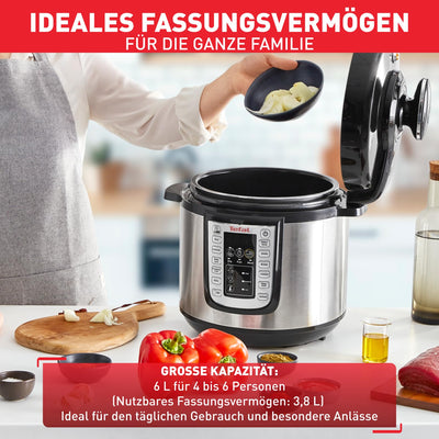 Tefal CY505E Fast & Delicious Multikocher | elektrischer Schnellkochtopf | 6 L Kapazität | 25 Automatische Programme | Bis zu 80 % schnelleres Kochen | Energiesparend | Rezeptheft | 1200 W | Edelstahl