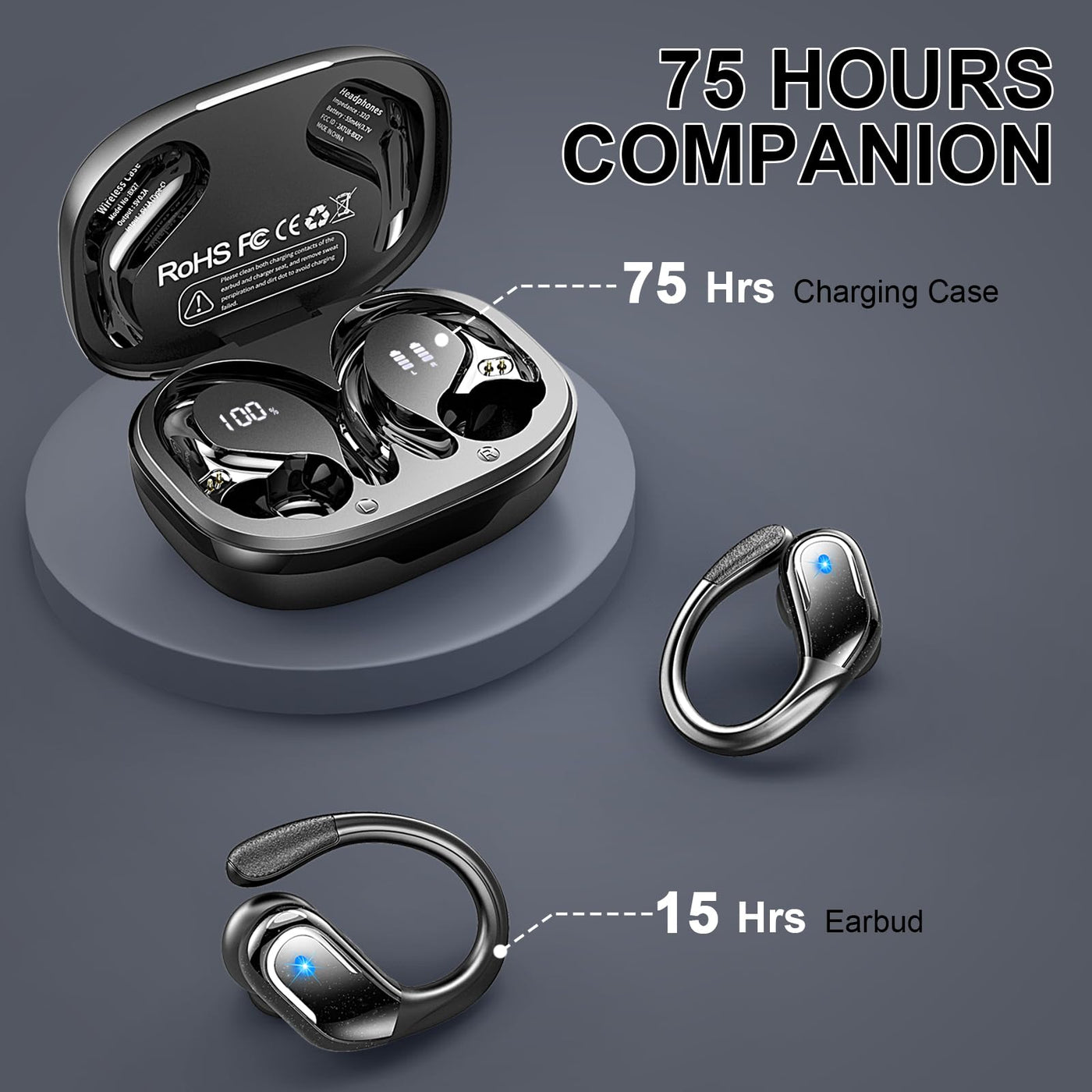 Bluetooth Kopfhörer Sport, 75Std Kopfhörer Kabellos Bluetooth 5.4, HiFi Stereo Tiefer Bass Wireless Earbud, 4 ENC Noise Cancelling Mic, IP7 Wasserdicht in Ear Ohrhörer mit Ohrhaken, USB-C LED-Anzeige