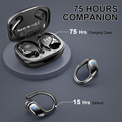 Bluetooth Kopfhörer Sport, 75Std Kopfhörer Kabellos Bluetooth 5.4, HiFi Stereo Tiefer Bass Wireless Earbud, 4 ENC Noise Cancelling Mic, IP7 Wasserdicht in Ear Ohrhörer mit Ohrhaken, USB-C LED-Anzeige