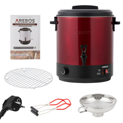 Conservateur Arebos 2500 W | Marmite à conserves 28 L | avec thermostat et protection contre la surchauffe | réglage continu de la température 30-110°C | fabricant de vin chaud | avec lève-bocal et entonnoir de conservation | Rouge