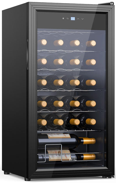 WIE Weinkühlschrank Compressor 82 Liter 28 Flaschen Getränkekühlschrank Kleiner Weinschrank Klein mit Glastür,Vollglas-Designtür mit LED Touchpanel,Anti-UV, Wine Fridge 5-18°C