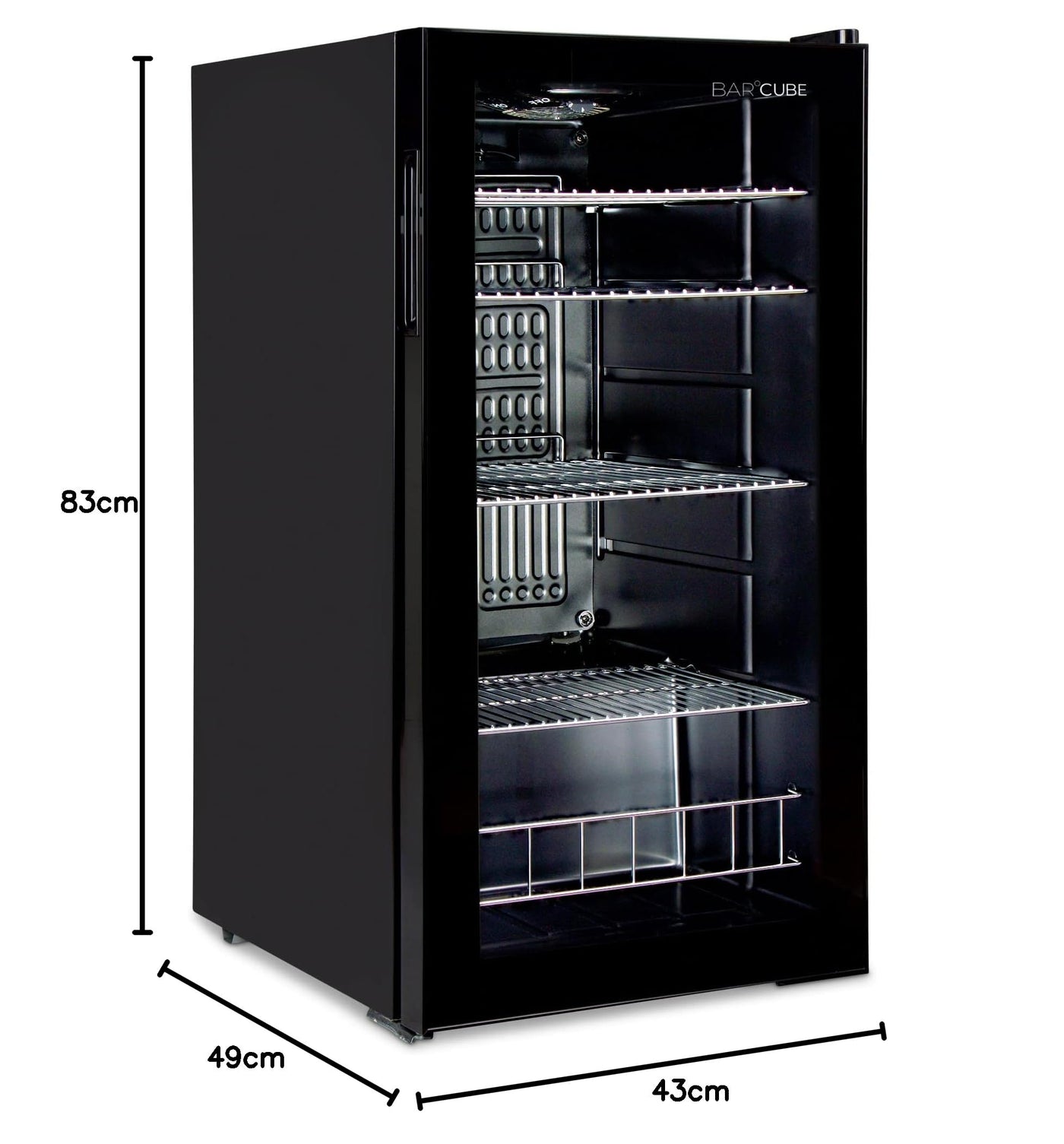 °CUBES Getränkekühlschrank 90L mit Glastür & 4 variablen Ablagen | Kompakter Flaschenkühlschrank, perfekt für zu Hause, Büro, Partys & Gastro | Stilvoller Kühlschrank mit Glastür, schwarz