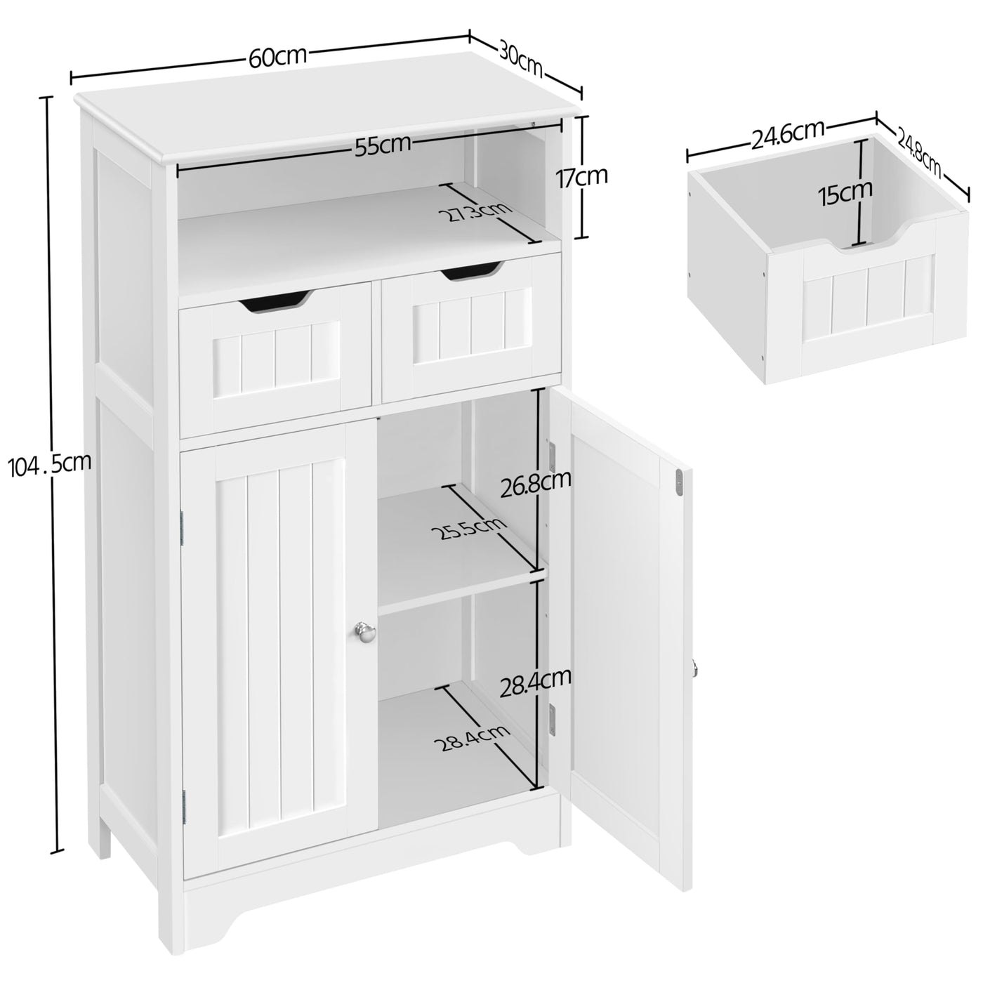 Yaheetech Badezimmerschrank, Sideboard, Badschrank Kommode mit 2 Schubladen aus Holz, Aufbewahrungsschrank, Verstellbarer Regalboden, offenes Fach, 60 × 30 × 104,5cm, für Wohnzimmer, Bad