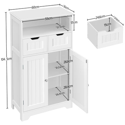 Yaheetech Badezimmerschrank, Sideboard, Badschrank Kommode mit 2 Schubladen aus Holz, Aufbewahrungsschrank, Verstellbarer Regalboden, offenes Fach, 60 × 30 × 104,5cm, für Wohnzimmer, Bad