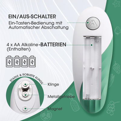 HAUSHOF Elektrischer Dosenöffner, One Touch Dosenöffner, Automatische 360°-Drehung & Automatischer Stopp, Küchenhelfer für Köche, ältere Menschen, Kinder & Verletzte, Mit 4 AA-Batterien, Grün