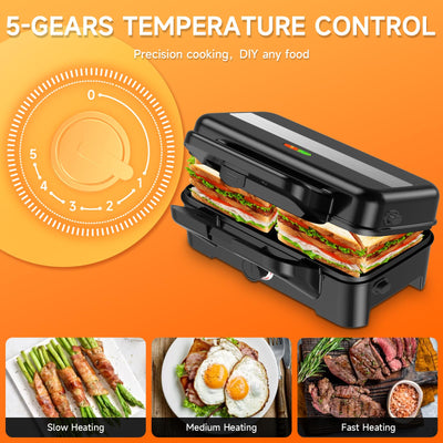 Sandwichmaker 3 IN 1, 1200W & 5-Gang-Temperaturregelung Waffeleisen, Sandwichtoaster, Kontaktgrill mit 3 Antihaftplatten für Sandwich, Waffeln, Fleisch, LED-Leuchten, Cool-Touch-Griff