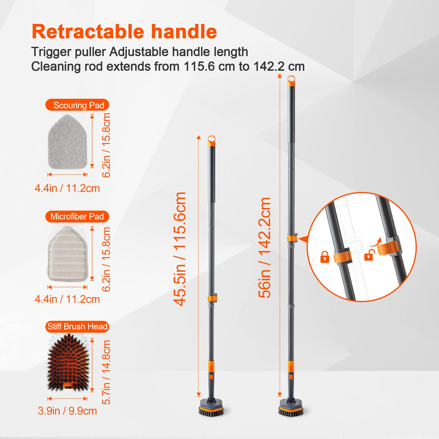 CLEANHOME Schrubber mit Stiel 4-in-1,Reinigungsbürste Bad,Enthält Schrubberbürste 2 Stück Schwammtuch und Mikrofasertücher,142 cm Teleskop-Fliesenbürste,zum Reinigen von Badewanne,Boden,Fläche,Spalt.