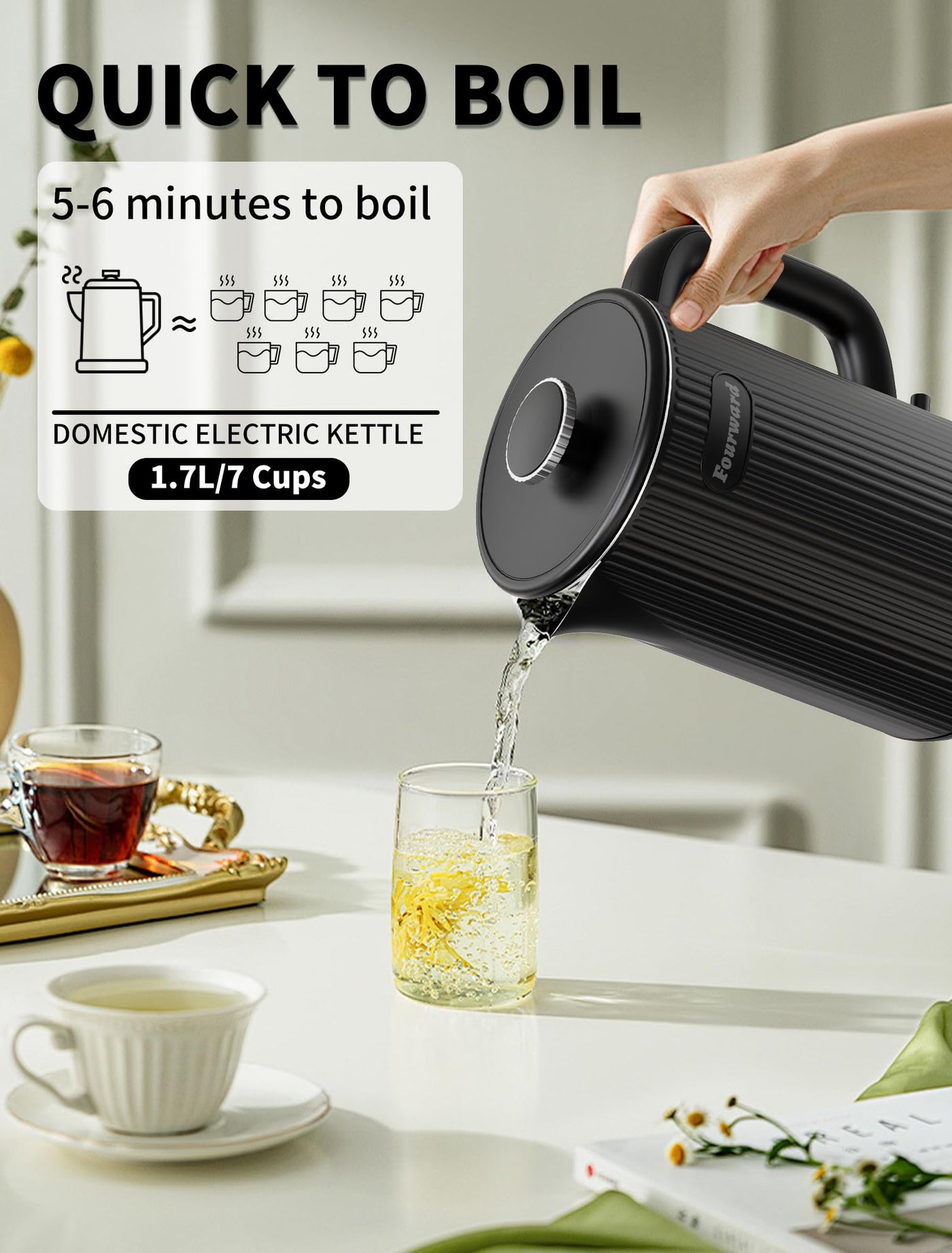 Fourward Wasserkocher - Edelstahl Kettle mit 1,7L Fassungsvermögen, 2200W Schnellkochfunktion, BPA-frei, Doppelwand Design, Schwarz