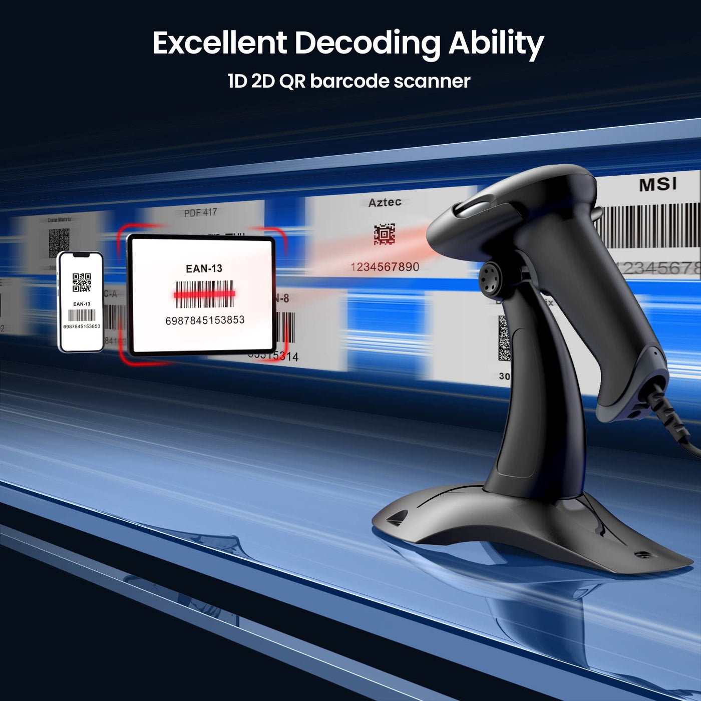 Eyoyo Barcode Scanner 2D, USB Verdrahtet Handheld QR Code Scanner mit Stand, Auto-Sensing Scanner für Handsfree, Screen Scanning Bar Code Reader für Computer POS Markt Bibliothek Store Medical