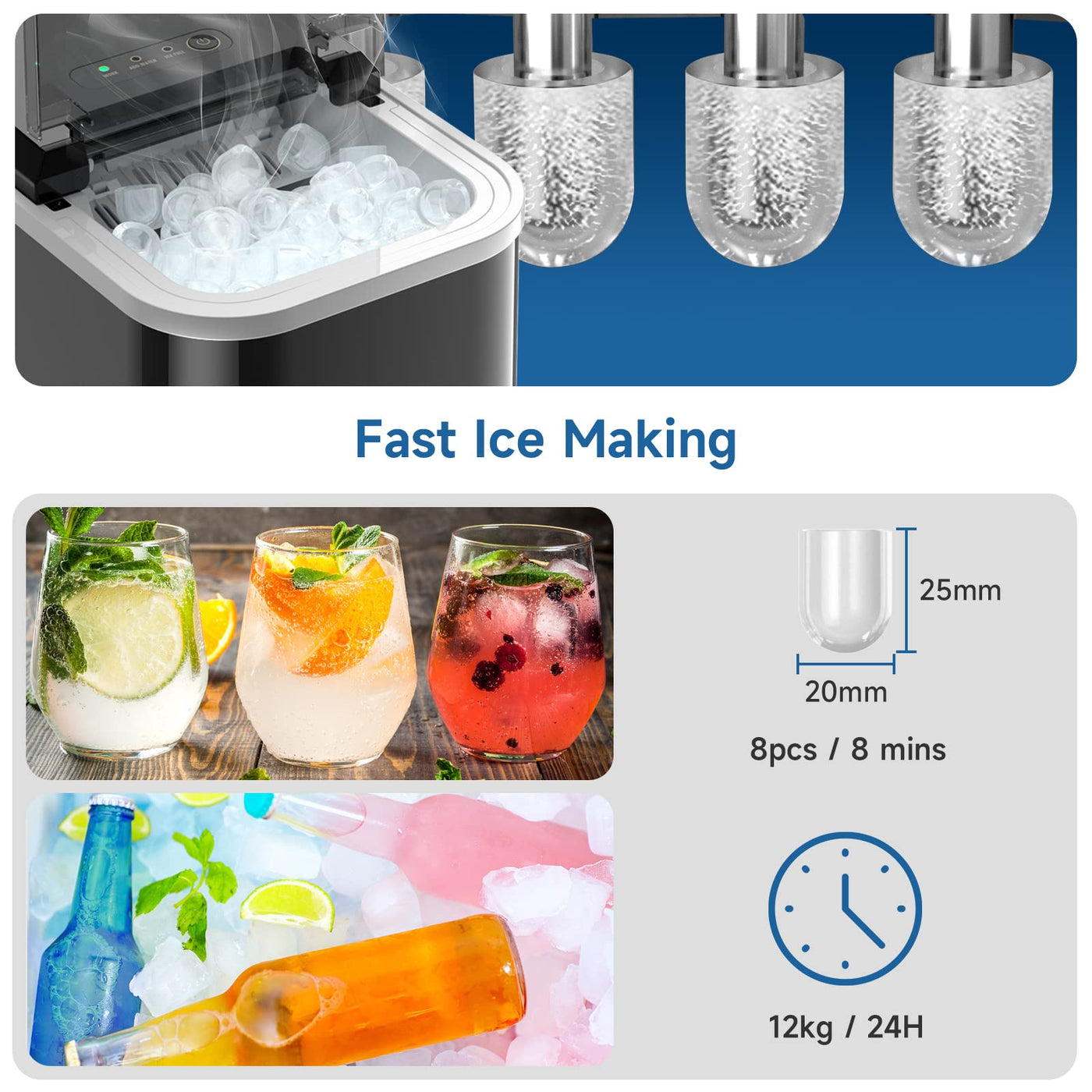 Eiswürfelmaschine, 120W Eiswürfelbereiter 8 Eiswürfel in 8-10 Minuten, 12kg/24h, LED Display Ice Maker Machine mit Infrarotsensor & Selbstreinigung