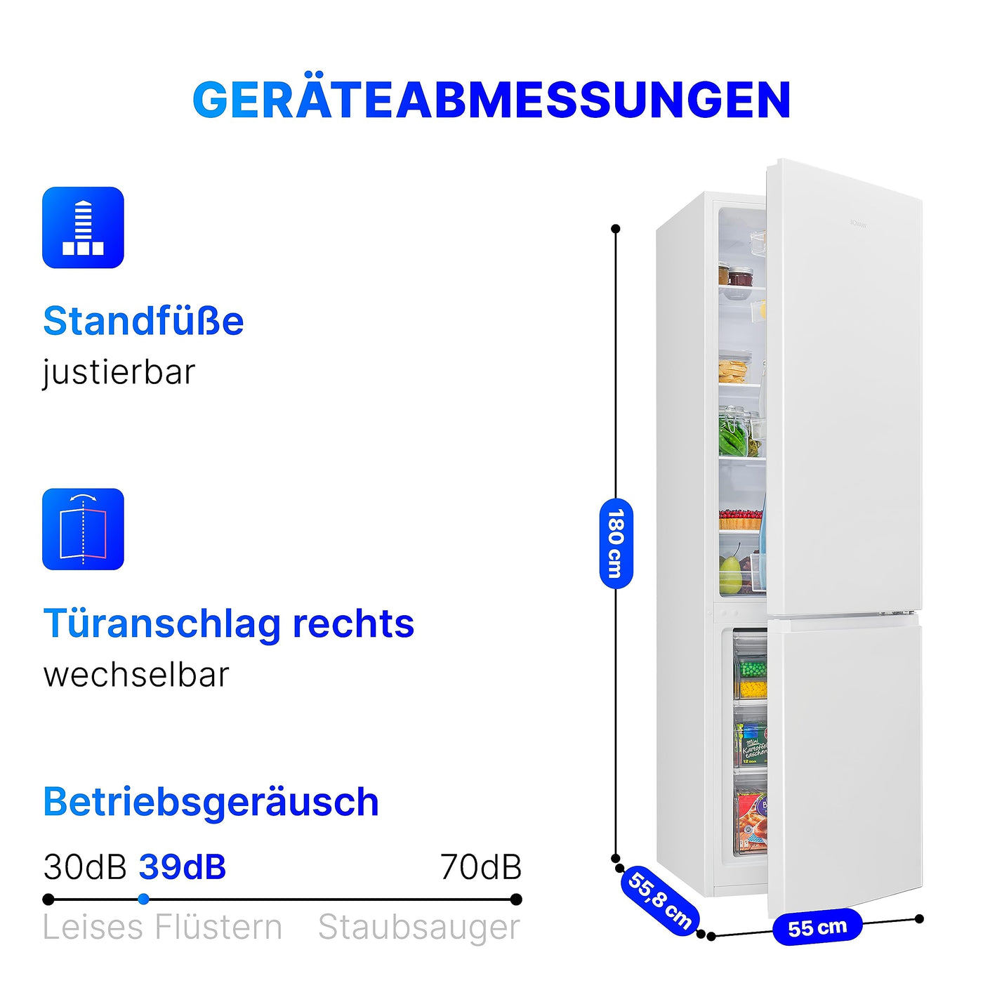 Bomann® Kühlgefrierkombination, 269 L Nutzinhalt - Kühlen: 198 L | Gefrieren: 71 L, Energiesparend, leise 39 dB, LED, wechselbarer Türanschlag, Höhe:180 x Breite: 55 x Tiefe: 55.8 cm - KG 184.1 weiß