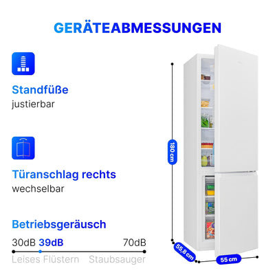 Bomann® Kühlgefrierkombination, 269 L Nutzinhalt - Kühlen: 198 L | Gefrieren: 71 L, Energiesparend, leise 39 dB, LED, wechselbarer Türanschlag, Höhe:180 x Breite: 55 x Tiefe: 55.8 cm - KG 184.1 weiß