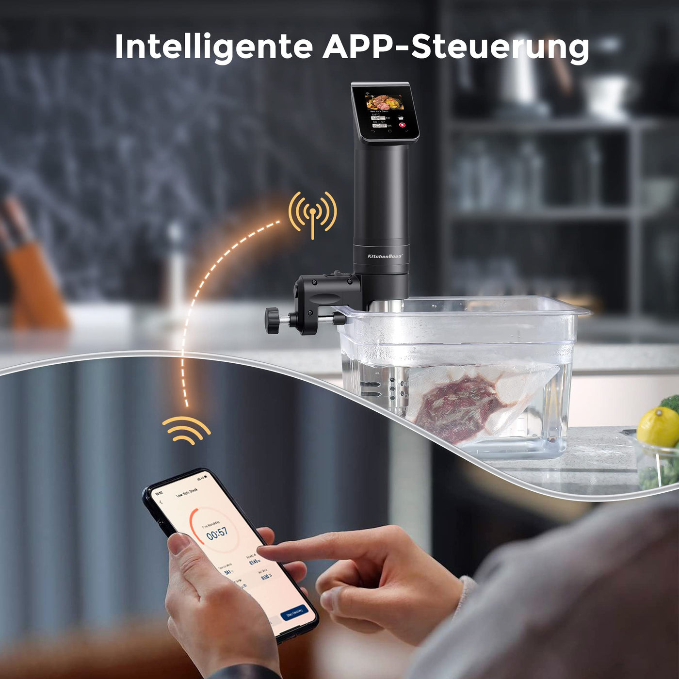 KitchenBoss Sous Vide Garer Stick WLAN: G330 Wifi Präzisionskocher Präziser Temperatureinstellung bis 90°C IPX7 Wasserdicht TFT Touch-Display Immersion Tauchzikulator 360° Zirkulation mit Timer