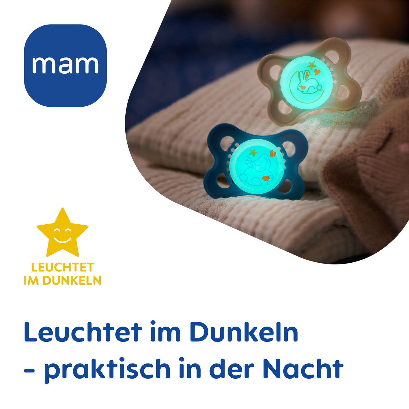 MAM Original Night Schnuller im 2er-Set, leuchtender & zahnfreundlicher Baby Schnuller aus nachhaltigen & bio-erneuerbaren Materialien, mit Schnullerbox, 0-6 Monate, Hase/Mond