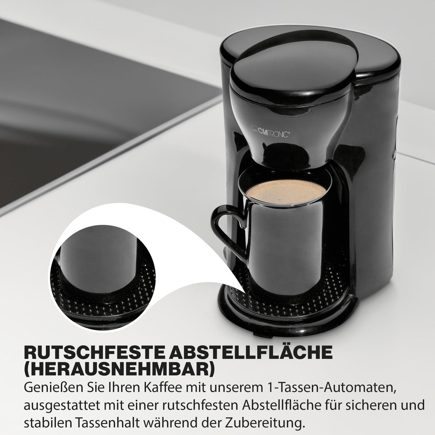 Clatronic® 1-Tassen-Kaffeeautomat | Kaffeemaschine perfekt für Singles | Filterkaffeemaschine inkl. Keramiktasse | kleine Kaffeefiltermaschine ideal für unterwegs | KA 3356