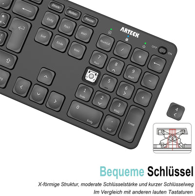 Arteck Kabellose Tastatur, Deutsches QWERTZ Layout wiederaufladbare USB Anschluss 2,4 GHz Kabellos Tastatur mit Multimedia-Tasten, Kompatibel mit PC, Computer, Notebook, Laptop, Windows 11, 10, 8