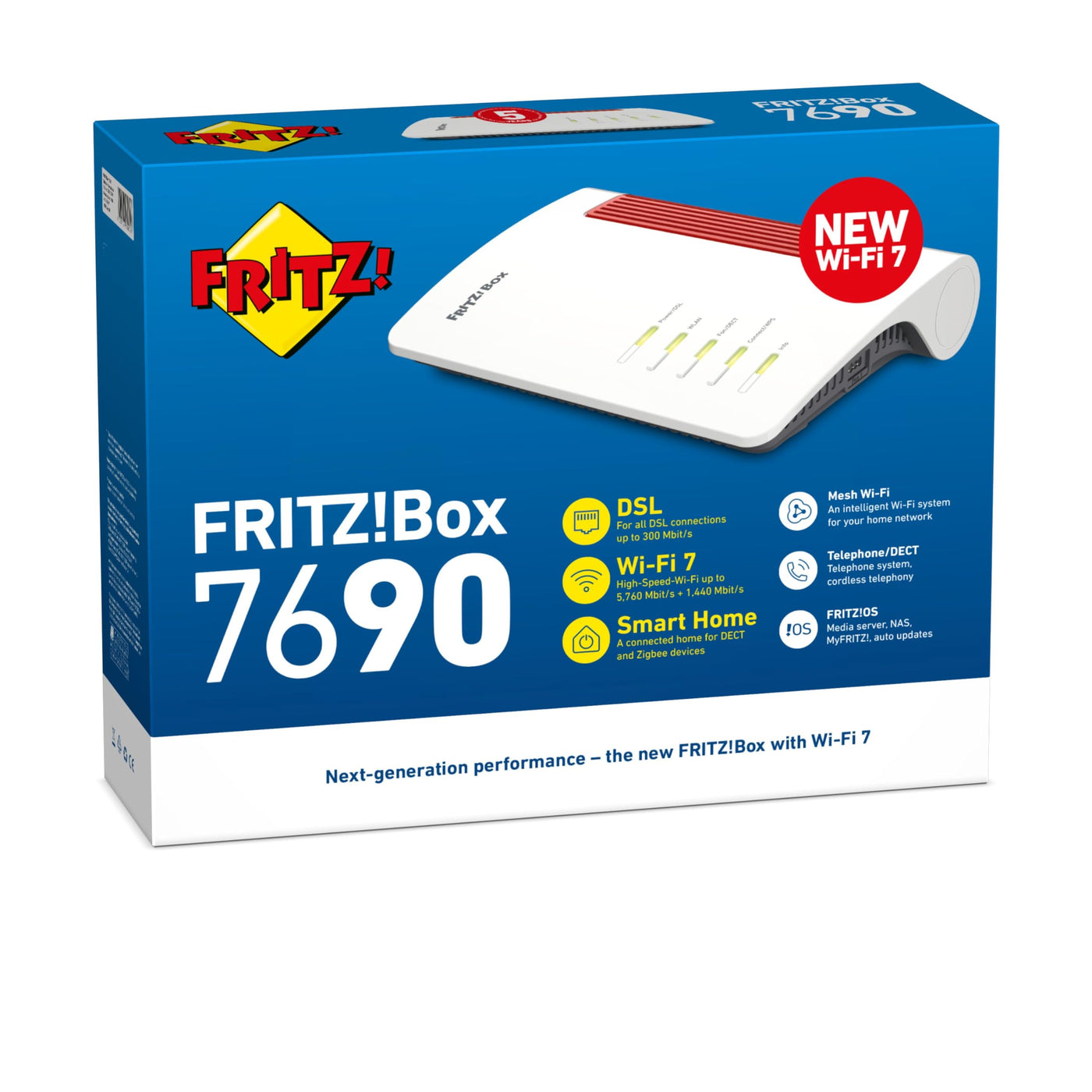 AVM FRITZ!Box 7690 international (Wi-Fi 7 DSL-Router mit 5.760 MBit/s (5GHz) & 1.376 MBit/s (2,4 GHz),bis zu 300 MBit/s mit VDSL-Supervectoring und ADSL2+,WLAN Mesh,DECT-Basis, internationale Version)