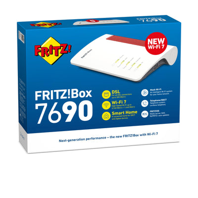 AVM FRITZ!Box 7690 international (Wi-Fi 7 DSL-Router mit 5.760 MBit/s (5GHz) & 1.376 MBit/s (2,4 GHz),bis zu 300 MBit/s mit VDSL-Supervectoring und ADSL2+,WLAN Mesh,DECT-Basis, internationale Version)