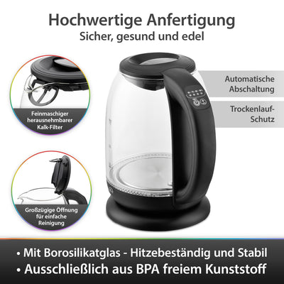 T24 Wasserkocher Glas 1,7 L, Wasserkocher mit Temperatureinstellung 60, 70, 80, 90, 100 °C, Wasserkocher 2.200W, Wasserkocher Schwarz mit LED Beleuchtung