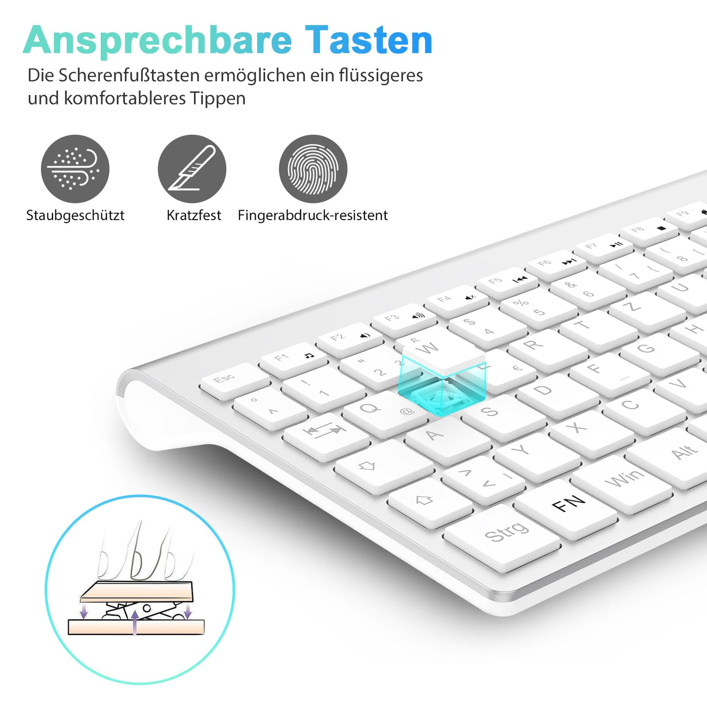 cimetech Tastatur Maus Set Kabellos, 2.4G Ultraslim Kabellose Tastatur mit Funkmaus, QWERTZ Deutsches Layout, 10m Reichweite, für PC, Desktop, Notebook, Laptop, Windows (Silber)