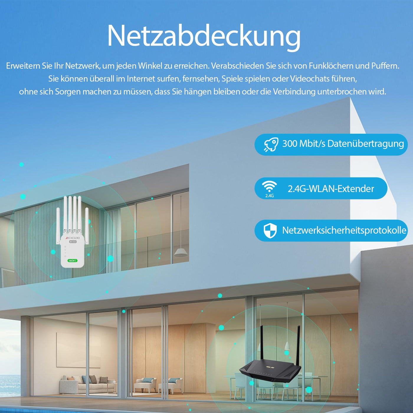 WLAN Verstärker WLAN Extender WLAN Verstärker für bis zu 5.000 m² und 50 Geräte mit 6 Antennen und Steckern WiFi Internet Booster Kompatibel Allen WLAN Geräten-Weiß