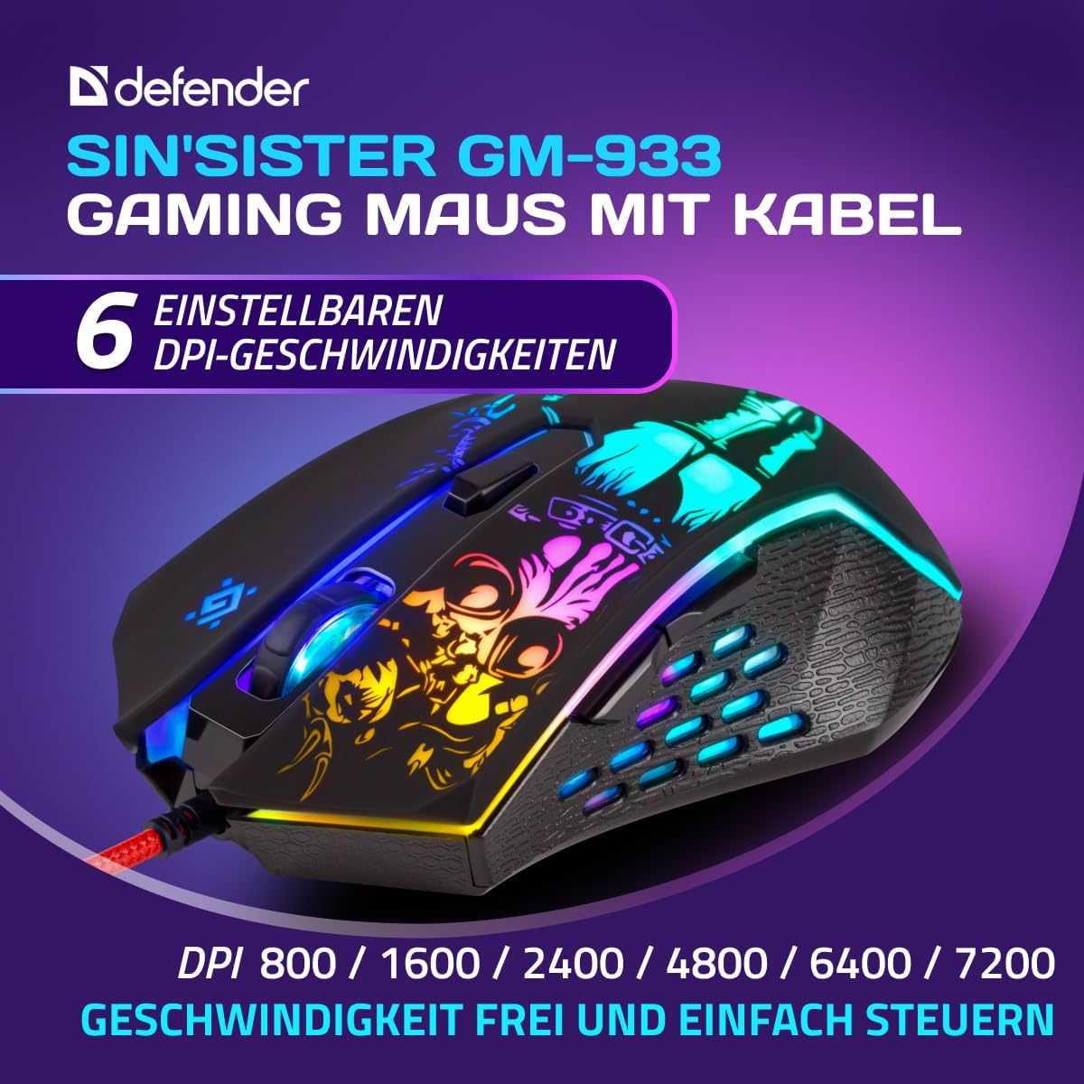 Defender Sin’Sister GM-933 Gaming Maus - Ergonomische, Kabelgebundene PC Maus mit Seitentasten, 7200 DPI Sensor, 6 DPI-Einstellungen, RGB-Beleuchtung, 5 programmierbare Tasten, USB, PC/Mac, Schwarz