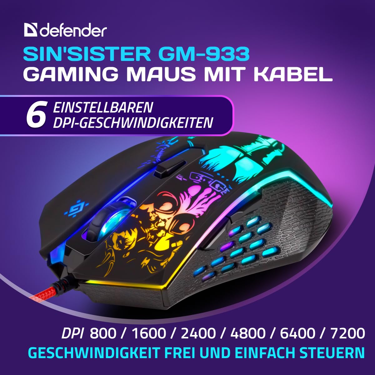 Defender Sin’Sister GM-933 Gaming Maus - Ergonomische, Kabelgebundene PC Maus mit Seitentasten, 7200 DPI Sensor, 6 DPI-Einstellungen, RGB-Beleuchtung, 5 programmierbare Tasten, USB, PC/Mac, Schwarz