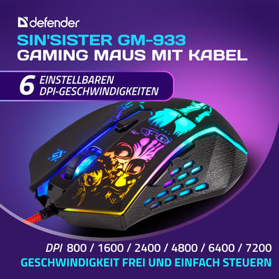 Defender Sin’Sister GM-933 Gaming Maus - Ergonomische, Kabelgebundene PC Maus mit Seitentasten, 7200 DPI Sensor, 6 DPI-Einstellungen, RGB-Beleuchtung, 5 programmierbare Tasten, USB, PC/Mac, Schwarz