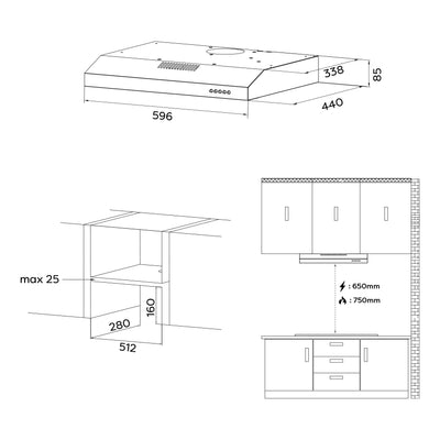 CIARRA CBCS6903D A+ Dunstabzugshaube Unterbau 60 cm Umlufthaube Umluft Abluft 3 Leistungsstufen Integrierte Unterschrank Unterbauhaube mit CBCF009 Kohlefilter Edelstahl Silber