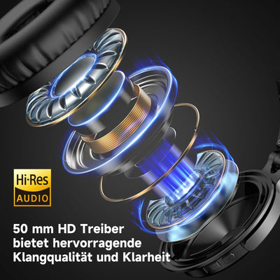 OneOdio Bluetooth Kopfhörer Over Ear [Bis zu 110 Std & BT 5.2] Kopfhörer Kabellos Bluetooth mit 50mm Treiber, HiFi Stereo Faltbares Wireless Headphones mit Mikrofon für Laptop/Handy/PC - Schwarz