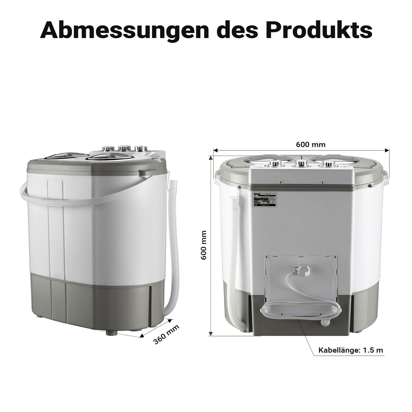 Wiltec Camping Waschmaschine 230 W 60 x 36 x 60 cm, Mini Waschmaschine für bis zu 3,0 kg Wäsche, Reisewaschmaschine mit 2,0 kg Schleuderkapazität