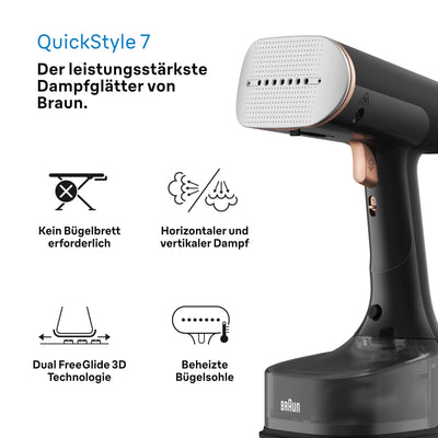 Braun QuickStyle 7 GS7077BK Dampfglätter, Dual FreeGlide 3D Technologie, FastSteam Technologie, Steamer, Dampf 35 g/min, Wassertank 250 ml, 3 m Kabellänge, in 35 Sekunden bereit, 1600W, Schwarz/Kupfer