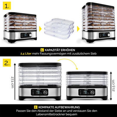 Yoer VitaSave FD01S, Dörrautomat, 450W, 4000 cm2, 24h Timer, LED-Anzeige, Edelstahl INOX, BPA-frei, Modulare bauweise, Lebensmittel-Dörrgerät für Lebensmittel, Pilze, Früchte, Fleisch, Fisch, Gemüse