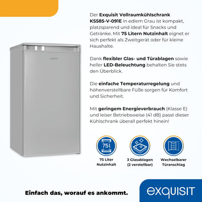 Exquisit Vollraumkühlschrank 75 Liter, Freistehend, Kühlschrank klein und kompakt, 45cm Breit, LED-Innenbeleuchtung, KS585-V-091E (Grau)