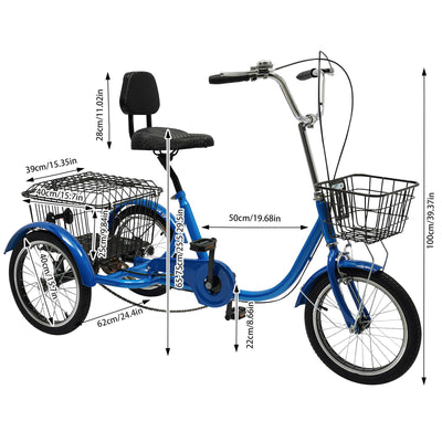 Dreirad für Erwachsene, 16 Zoll 3 Räder Fahrrad, Kohlenstoffstahl Erwachsenendreirad, Cruise Bikes mit Rücklicht & Klingel, Trike Bike für Männer und Frauen von 140-170cm, Max.150kg (Blau)