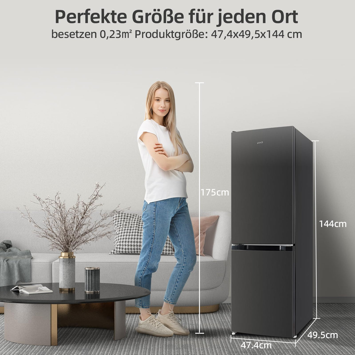 CHIQ CBM159LEBD Freistehender Kühlschrank mit Gefrierfach | Kühl-Gefrierkombination 144 cm Höhe, 47 cm Breit, 157L(109L/48L) | Low Frost | 152 kWh/Jahr | LED Litcht | | Schwarz Inox