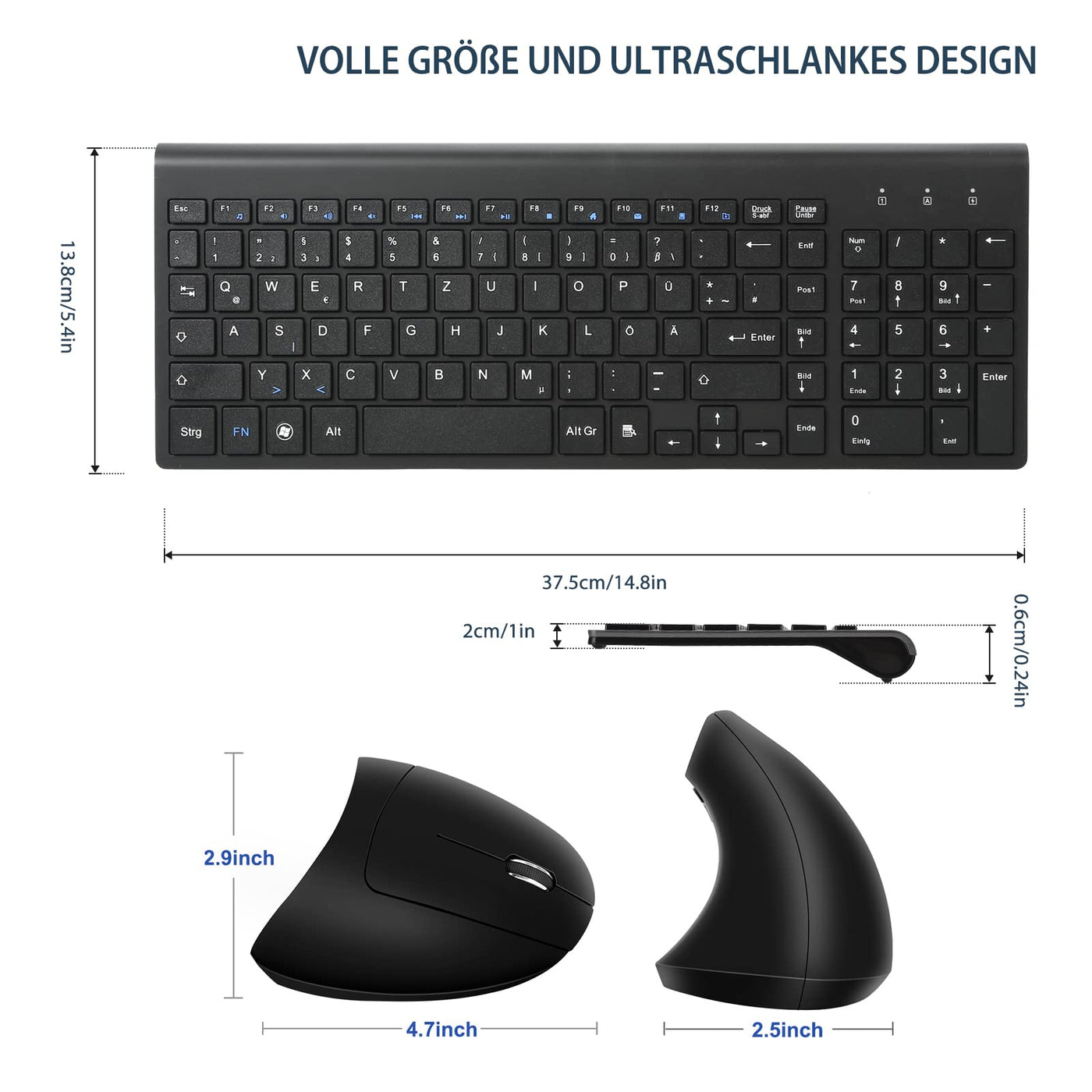 Fonicer 2,4 GHz Kabellose Vertikale Ergonomische Maus und Tastatur Combo Ultradünne tragbare Größe für PC Desktop Computer Laptop Mac Tablet, Black