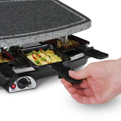 Cloer 6430 Raclette-Grill mit Naturstein, 1200 Watt, 8 Pfännchen antihaftbeschichtet mit wärmeisolierten Griffen, Ganze Platte