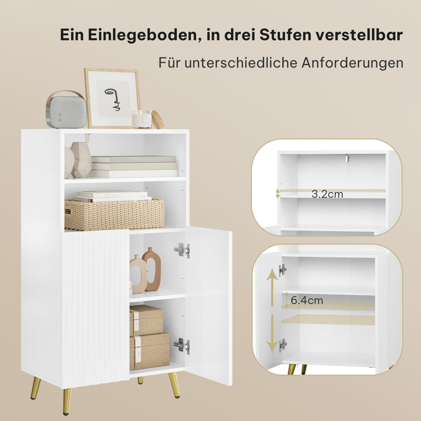 eSituro Badezimmerschrank, Badschrank, Badkommode mit 2 offenen Fächern, 2 Türen, 2 verstellbaren Einlegeböden, Schrank Badezimmer weiß, 50x93x30 cm