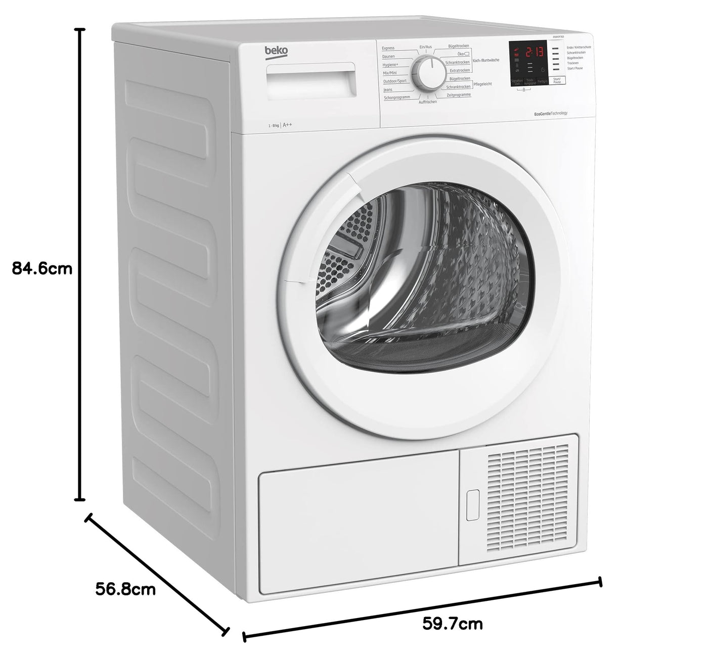 Beko DS843F3G0 b300 Wärmepumpentrockner, Wäschetrockner, Frontlader, 8 kg Beladungskapazität, 15 Programme, Sensortrocknung, Schonprogramm, Multifunktionsdisplay, Säulenfähig, Schontrommel, Weiß