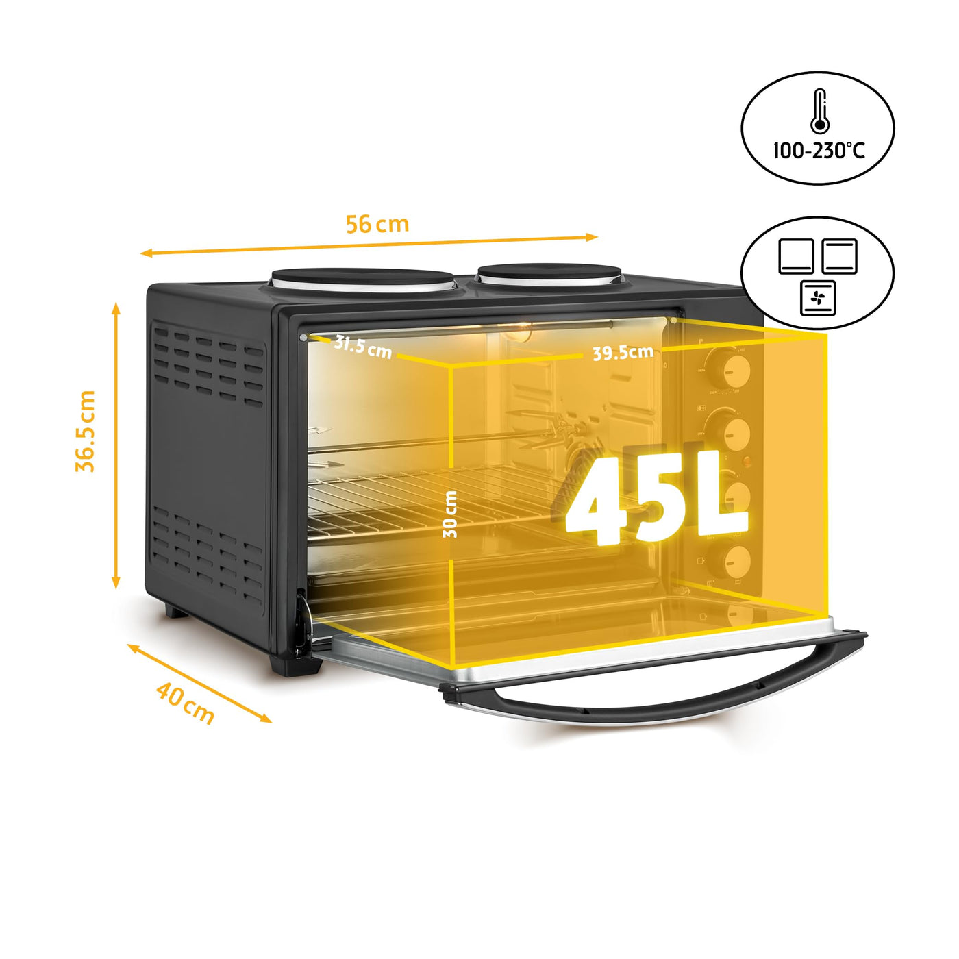 TZS Minibackofen mit Umluft 45l - Minibackofen 2000 Watt zum Kochen, Backen & Hähnchengrill - Temperaturregler 100-230°, energieeffizient, optimal für Miniküche, Camping, Apartment - inkl. Zubehör