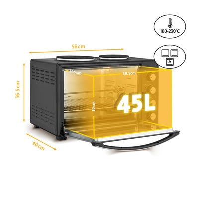 TZS Minibackofen mit Umluft 45l - Minibackofen 2000 Watt zum Kochen, Backen & Hähnchengrill - Temperaturregler 100-230°, energieeffizient, optimal für Miniküche, Camping, Apartment - inkl. Zubehör