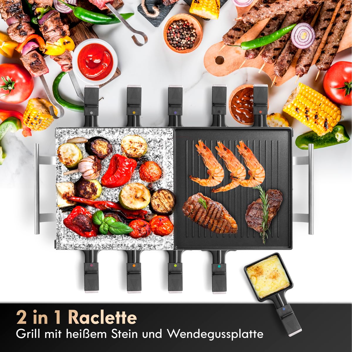 ProfiCook® Raclette 10 Personen mit heißem Naturgrillstein | Raclette antihaftbeschichtet | Raclette für 10 Personen | inkl. 10 Pfännchen & Holzspatel | Edelstahlgriff (wärmeisoliert) | PC-RG 1144