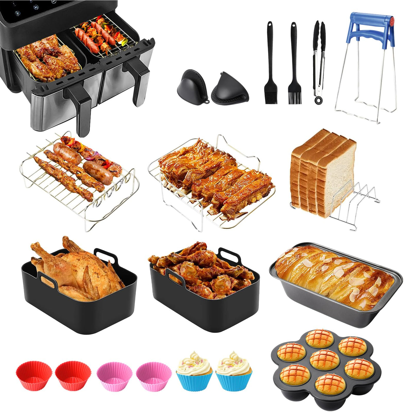 19PCS Zubehör Heißluftfritteuse für Ninja Foodi AF400EU AF300EU AF500EU, Airfryer Zubehör Silikonform Heißluftfritteuse Zubehör Dual Zone Airfryer Accessories für Innsky,Princess,Emerio 7,6L-9,5L