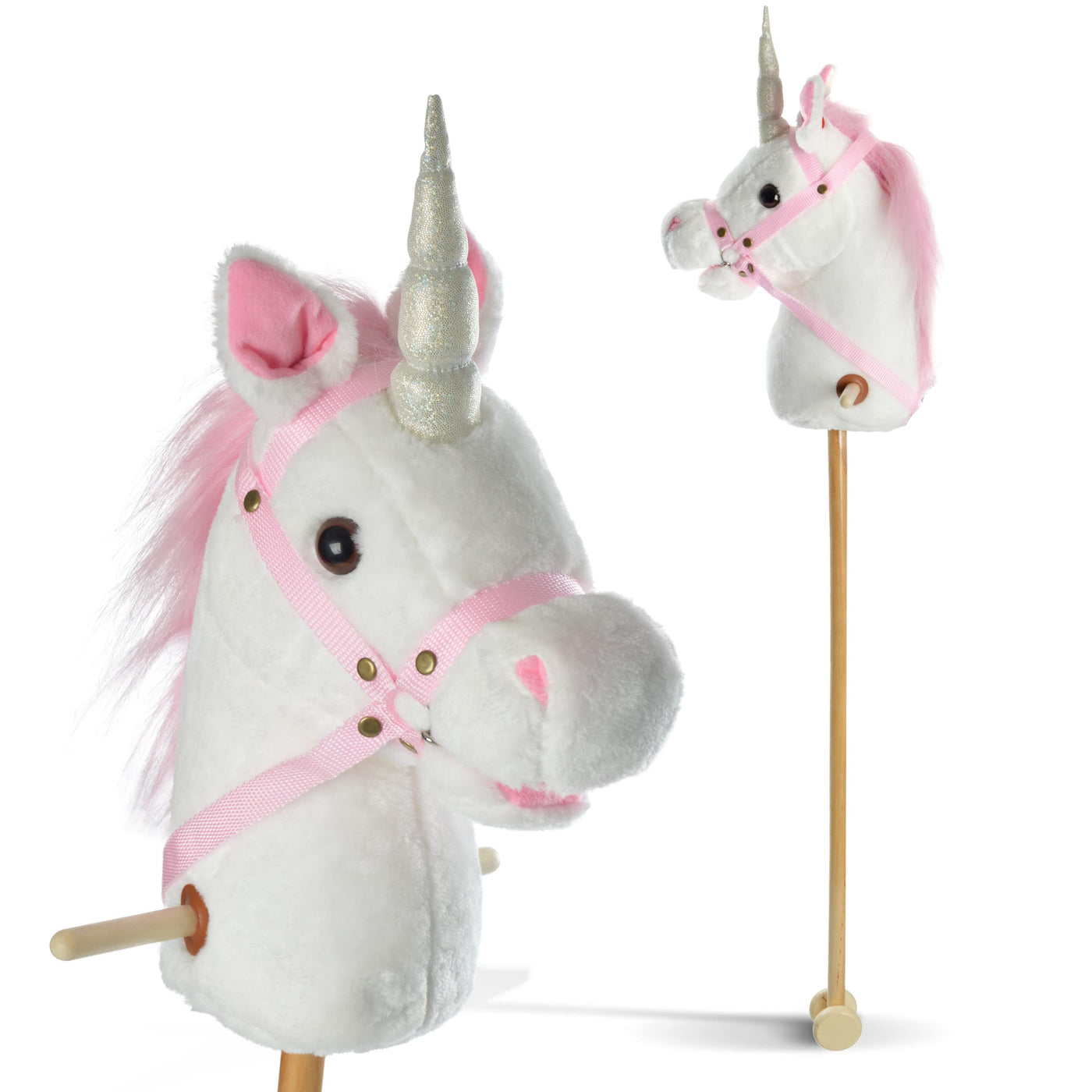 Pink Papaya Steckenpferd Einhorn, Mandy süßes Spielzeug Einhorn aus Plüsch mit Sound Funktion: Gewieher und Galoppgeräusch - Farbe: weiß mit rosa Mähne