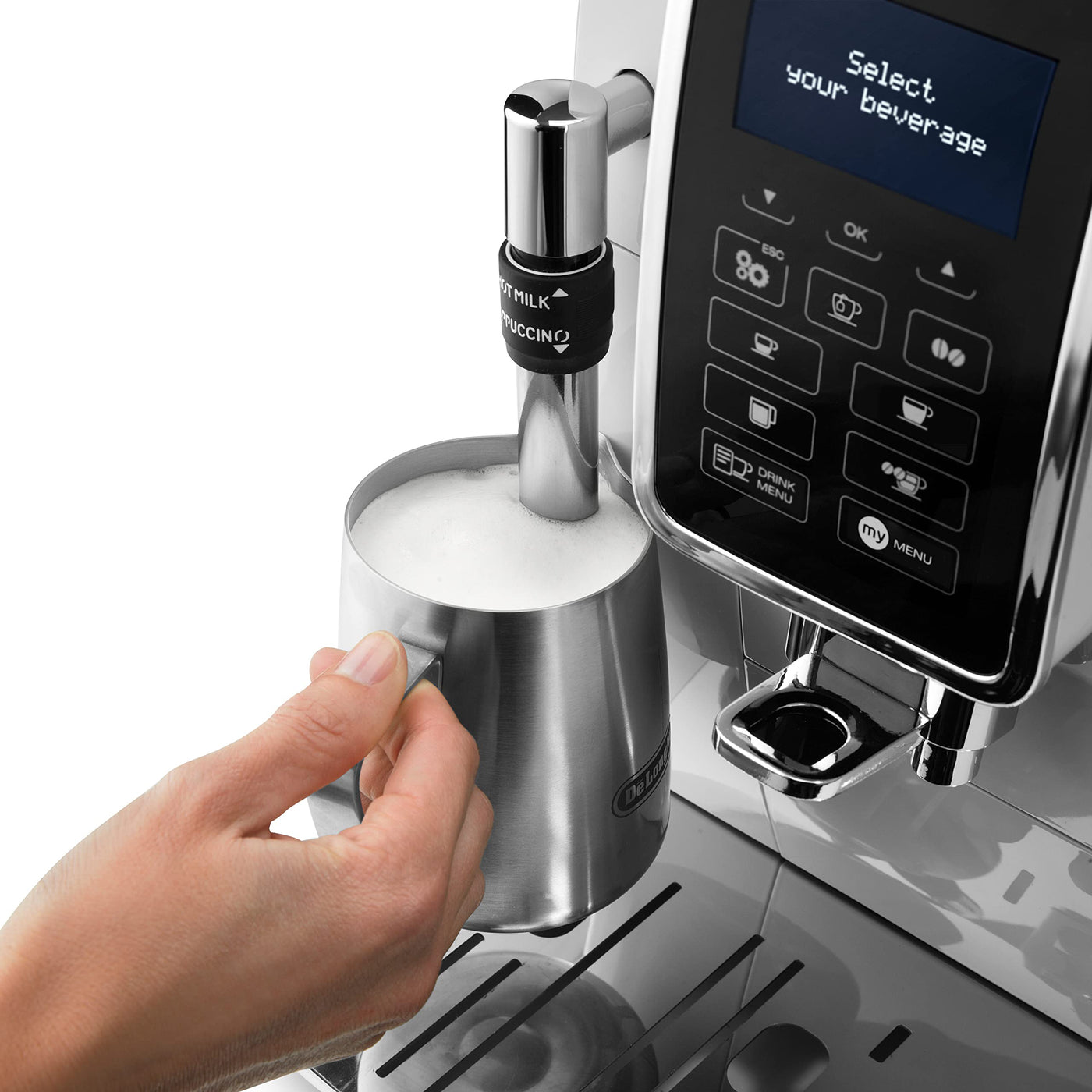 De'Longhi Dinamica ECAM 350.35.SB Kaffeevollautomat mit Profi-Milchaufschäumdüse für Cappuccino, Espresso, Kaffee und Long Coffee Direktwahltasten, Klartext Digitaldisplay, 2-Tassen-Funktion, Silber